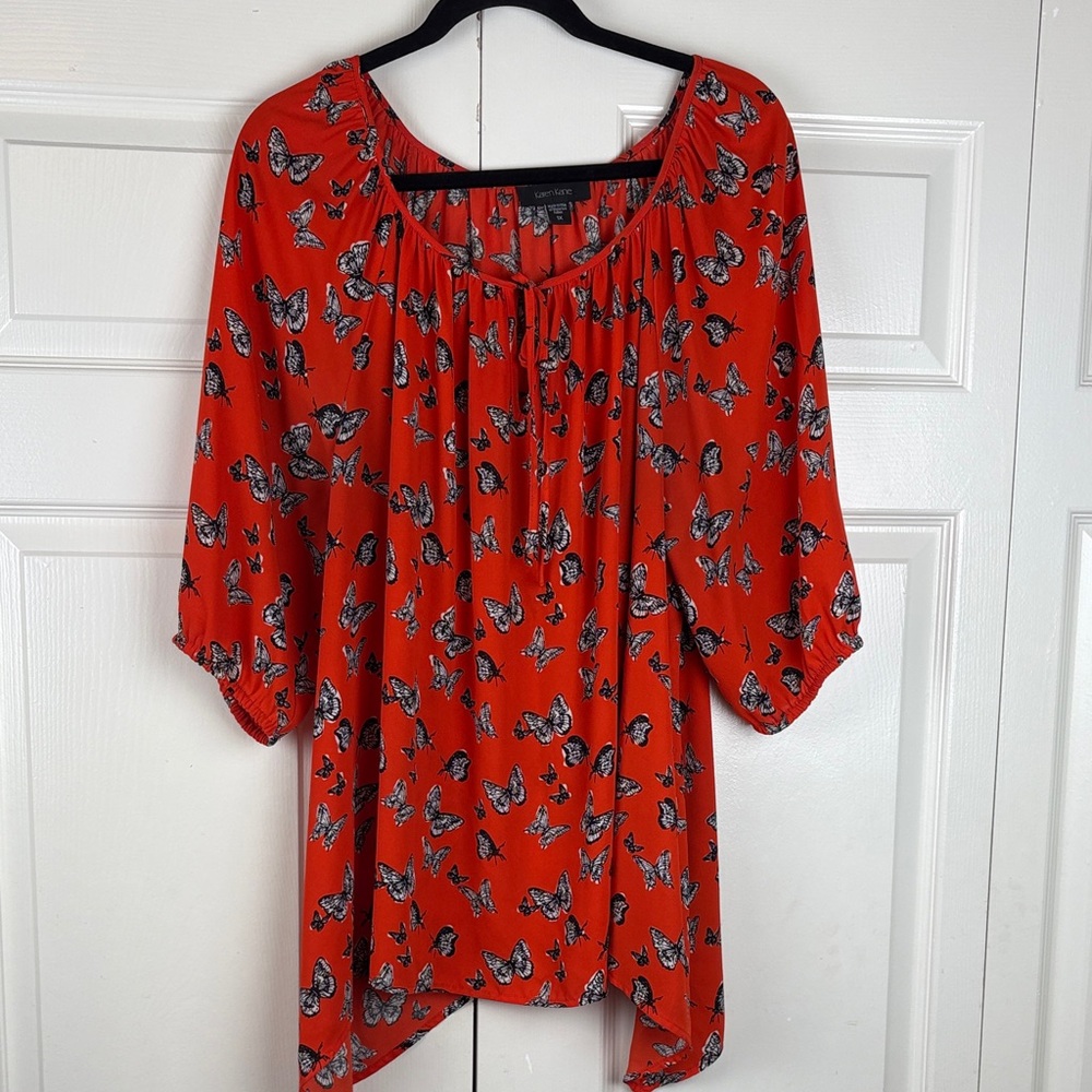 Karen Kane Butterfly Print Boho Blouse – Red & Black Peasant Top Size 1X